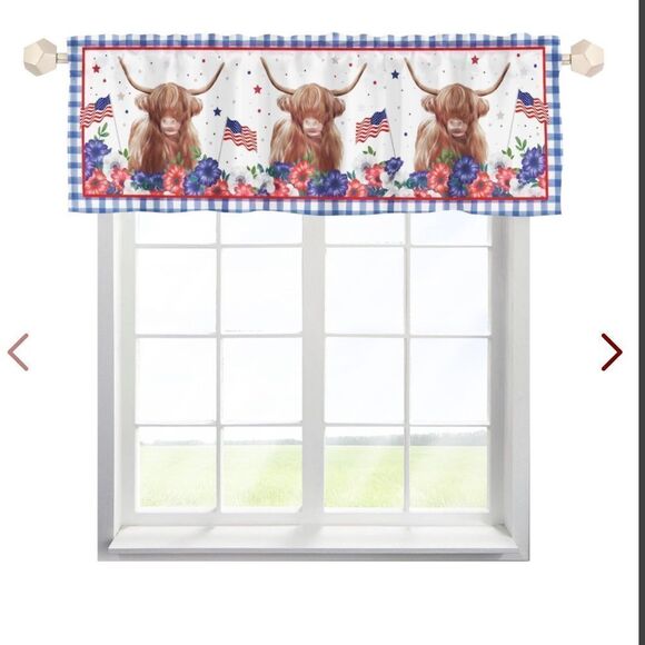 Highland Cow American Flags Flowers Kitchen Valances 54''X18'' Farm Yak Animal - Picture 1 of 1